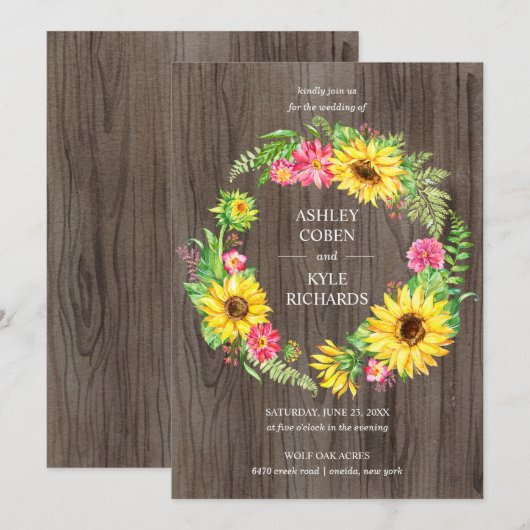 Invitation Mariage de tournesol avec couronne sur arrière - p (Devant / Derrière)