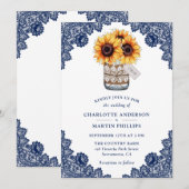 Invitation Mariage de tournesol bleu de la marine russe (Devant / Derrière)
