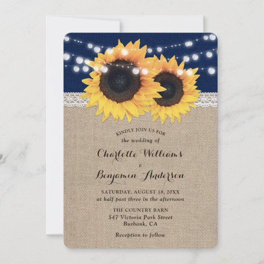 Invitation Mariage de tournesol bleu marine Burlap (Devant)