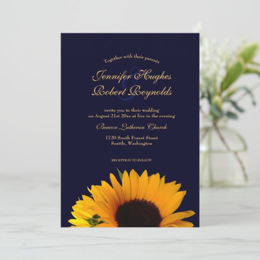 Invitation Mariage de tournesol bleu marine joyeux et élégant (Debout devant)