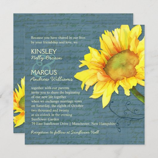 Invitation Mariage de tournesol bleu rustique (Devant / Derrière)