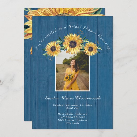 Invitation Mariage de tournesol bleu rustique I Fête des mari (Devant / Derrière)