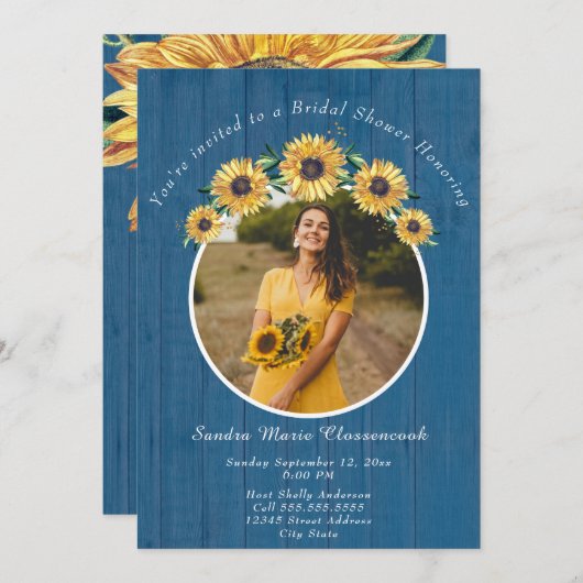 Invitation Mariage de tournesol bleu rustique I Fête des mari (Devant / Derrière)