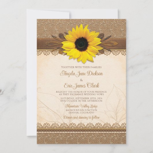 Invitation Mariage de tournesol en bois de dentelle de Burlap (Devant)