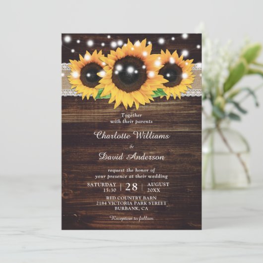 Invitation Mariage de tournesol en bois rustique (Debout devant)