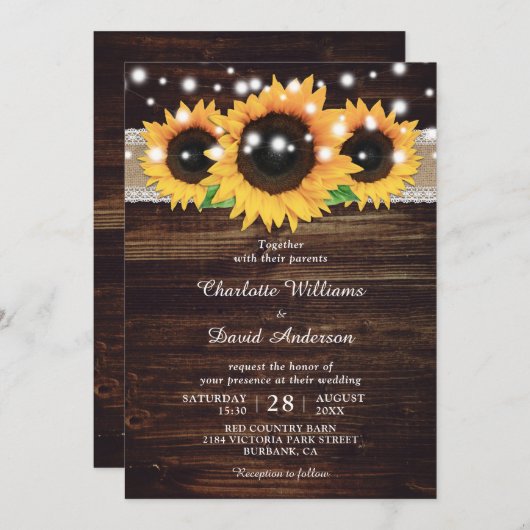 Invitation Mariage de tournesol en bois rustique (Devant / Derrière)