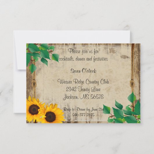 Invitation Mariage de tournesol en bois rustique - Réception (Dos)
