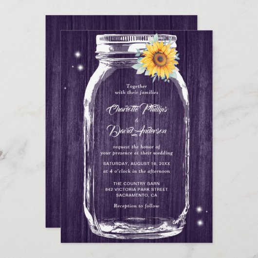 Invitation Mariage de tournesol en bois violet rustique (Devant / Derrière)