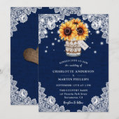 Invitation Mariage de tournesol en dentelle bleu de la marine (Devant / Derrière)