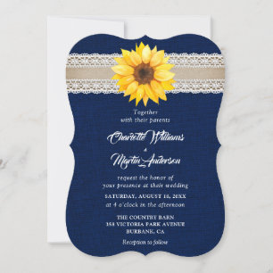 Invitation Mariage de tournesol en dentelle bleu de la marine