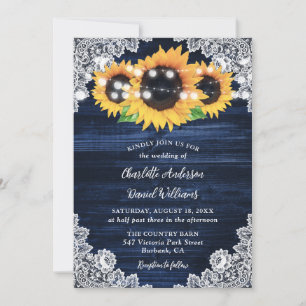 Invitation Mariage de tournesol en dentelle bleu de la marine