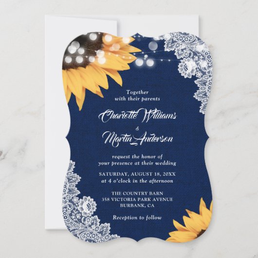 Invitation Mariage de tournesol en dentelle bleu marine (Devant)