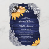 Invitation Mariage de tournesol en dentelle de bois bleu de l (Devant / Derrière)