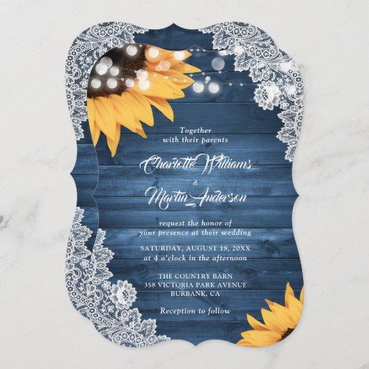 Invitation Mariage de tournesol en dentelle de bois bleu rust (Devant / Derrière)