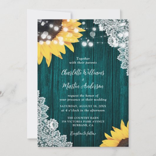 Invitation Mariage de tournesol en dentelle de bois rustique (Devant)
