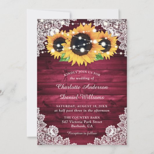 Invitation Mariage de tournesol en dentelle de bois rustique (Devant)
