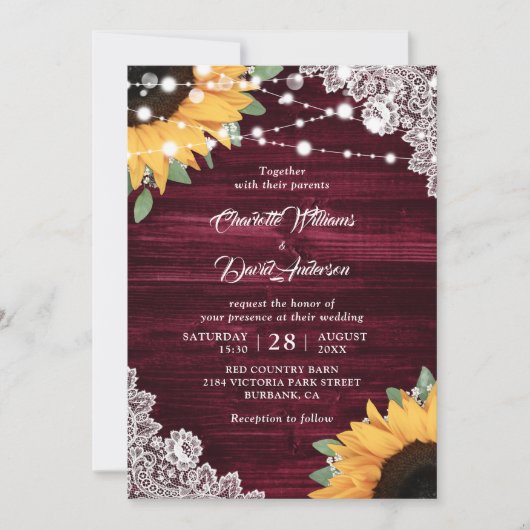 Invitation Mariage de tournesol en dentelle de bois rustique (Devant)