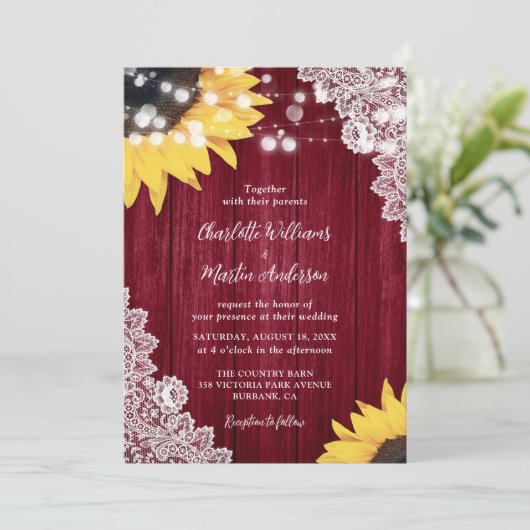 Invitation Mariage de tournesol en dentelle de bois rustique (Debout devant)