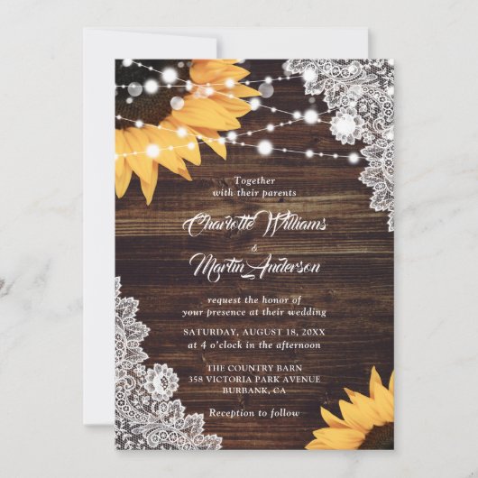 Invitation Mariage de tournesol en dentelle de bois rustique (Devant)