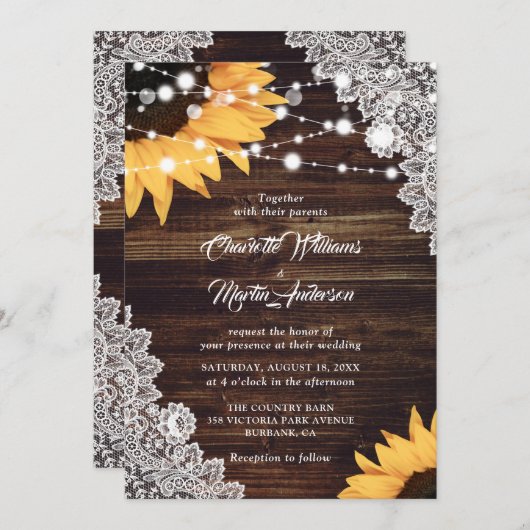 Invitation Mariage de tournesol en dentelle de bois rustique (Devant / Derrière)