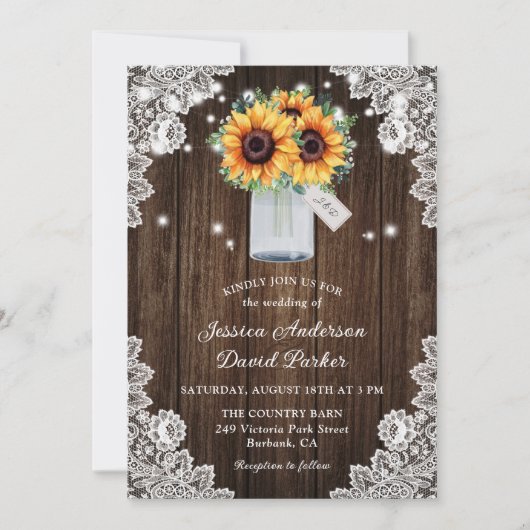 Invitation Mariage de tournesol en dentelle de bois rustique (Devant)