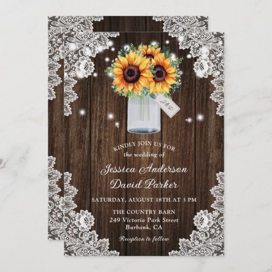 Invitation Mariage de tournesol en dentelle de bois rustique (Devant / Derrière)