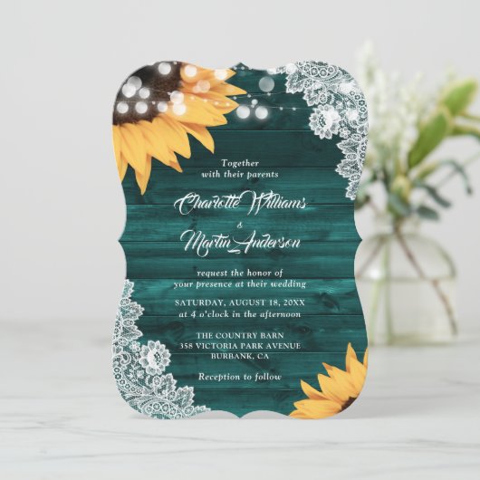 Invitation Mariage de tournesol en dentelle de bois Turquoise (Debout devant)