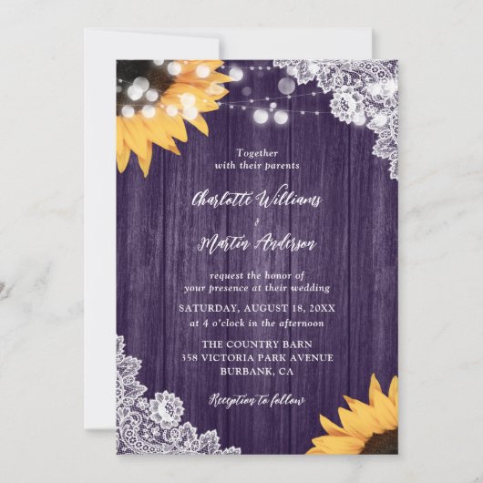 Invitation Mariage de tournesol en dentelle de bois violet (Devant)