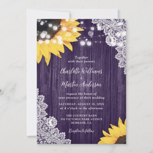 Invitation Mariage de tournesol en dentelle de bois violet ru (Devant)