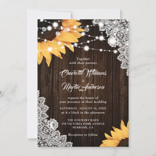 Invitation Mariage de tournesol en dentelle en bois rustique (Devant)