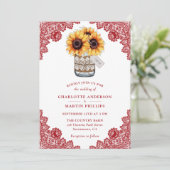 Invitation Mariage de tournesol en dentelle rouge rustique (Debout devant)