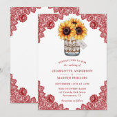 Invitation Mariage de tournesol en dentelle rouge rustique (Devant / Derrière)