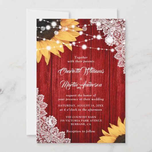 Invitation Mariage de tournesol en dentelle rouge rustique (Devant)