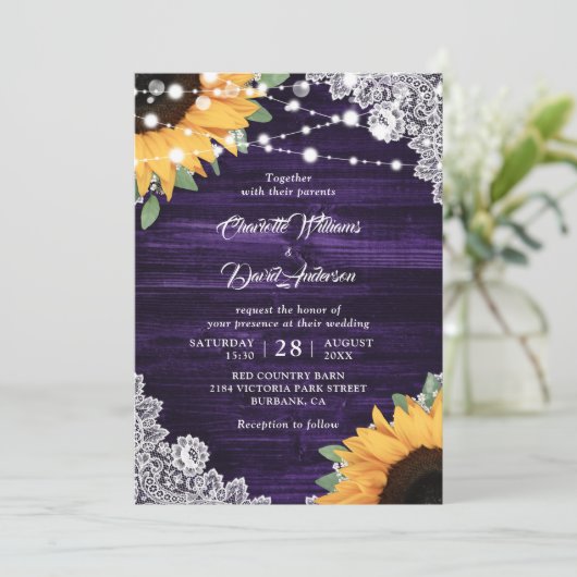 Invitation Mariage de tournesol en dentelle violette Eucalypt (Debout devant)