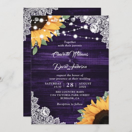 Invitation Mariage de tournesol en dentelle violette Eucalypt (Devant / Derrière)
