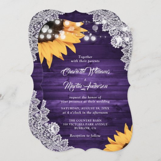 Invitation Mariage de tournesol en dentelle violette rustique (Devant / Derrière)