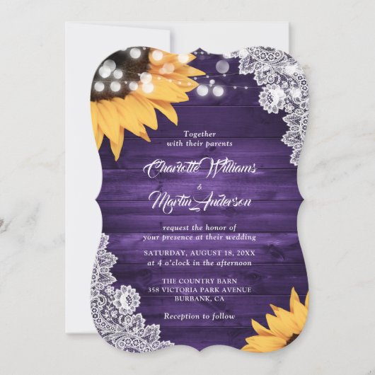 Invitation Mariage de tournesol en dentelle violette rustique (Devant)