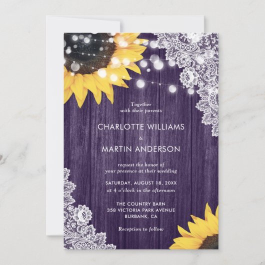 Invitation Mariage de tournesol en dentelle violette rustique (Devant)