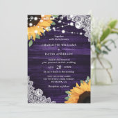 Invitation Mariage de tournesol en dentelle violette rustique (Debout devant)
