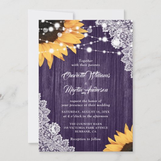 Invitation Mariage de tournesol en dentelle violette rustique (Devant)