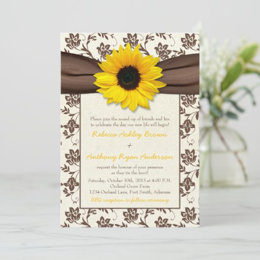 Invitation Mariage de tournesol en ruban Brown jaune (Debout devant)