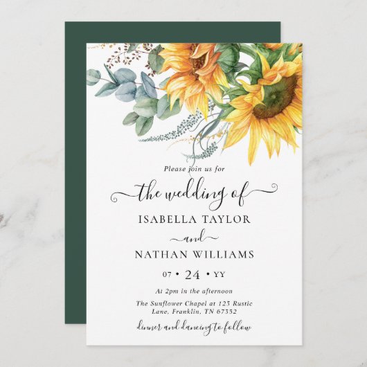Invitation Mariage de tournesol Eucalyptus (Devant / Derrière)