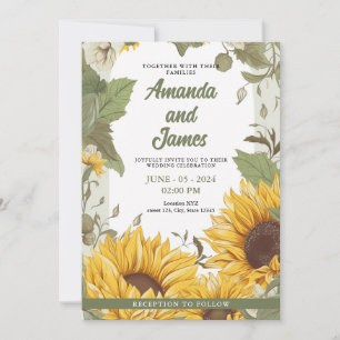 Invitation Mariage de tournesol illustré blanc et vert modern