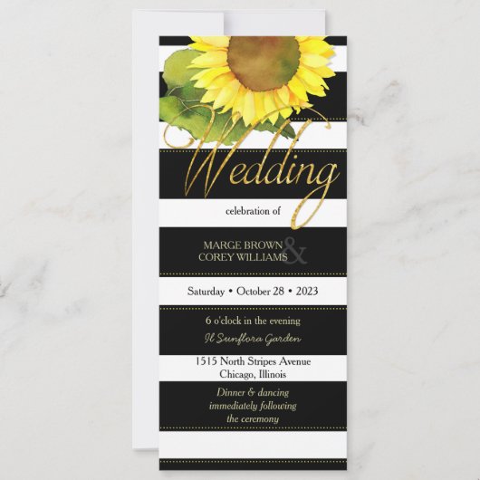 Invitation Mariage de tournesol moderne noir blanc rayures (Devant)