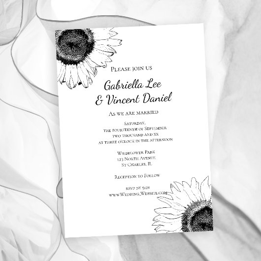 Invitation Mariage de tournesol noir et blanc