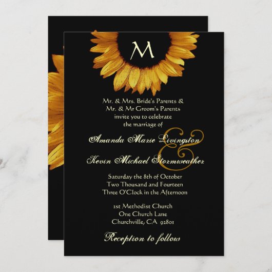 Invitation Mariage de tournesol noir et or brillant (Devant / Derrière)
