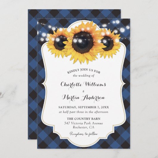 Invitation Mariage de tournesol Plaid Buffalo bleu (Devant / Derrière)