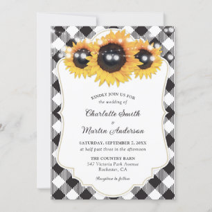 Invitation Mariage de tournesol plaid de Buffalo noir et blan