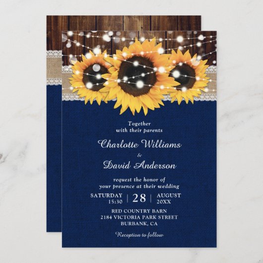 Invitation Mariage de tournesol rustique bleu marine (Devant / Derrière)