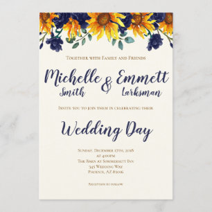 Invitation Mariage de tournesol rustique de la marine Blue Iv